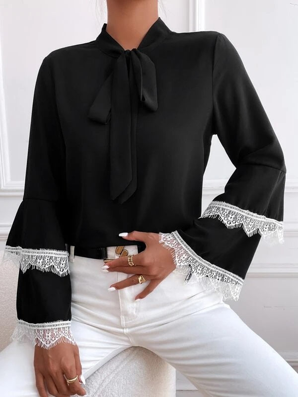 CM-TS601031 Women Casual Seoul Style Contrast Eyelash Lace Layer Sleeve Tie Neck Blouse