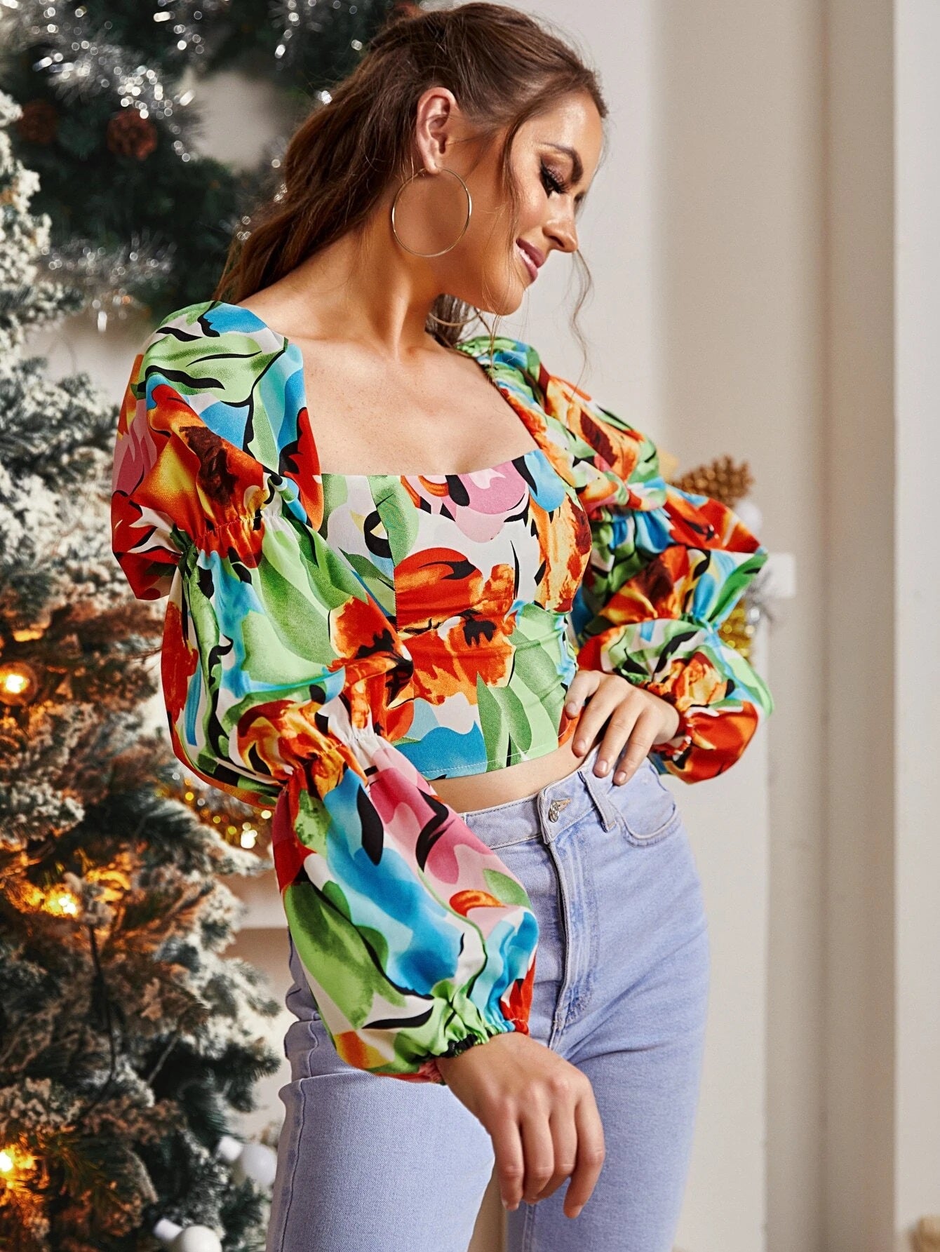 CM-TS644655 Women Trendy Bohemian Style Floral Print Gathered Sleeve Blouse