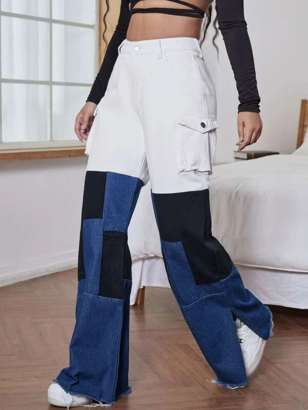 CM-BS676336 Women Casual Seoul Style Flap Pocket Colorblock Jeans