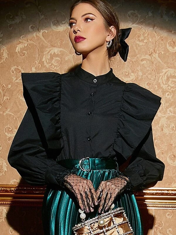 CM-TS936966 Women Elegant Seoul Style Ruffle Trim Button Front Blouse - Black