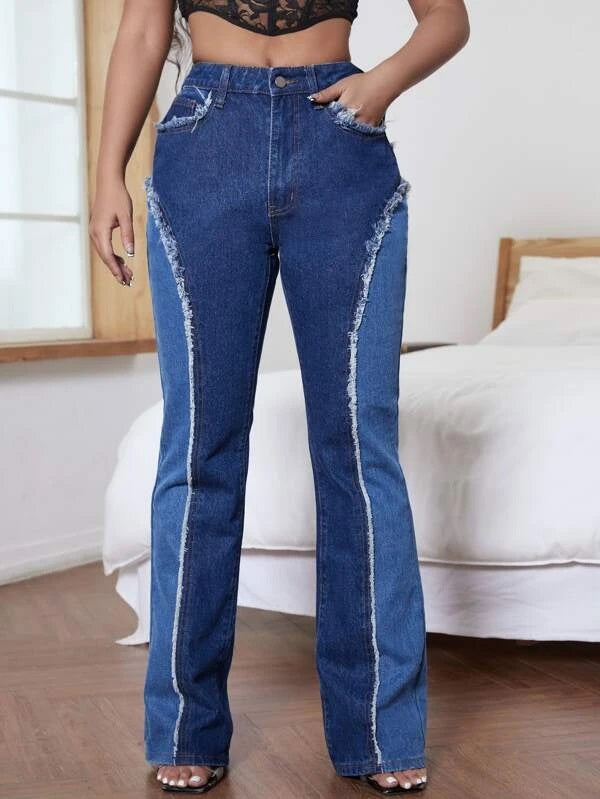 CM-BS903015 Women Casual Seoul Style Colorblock High Waist Seam Front Jeans