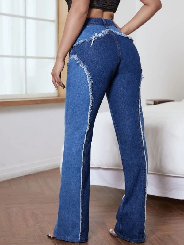 CM-BS903015 Women Casual Seoul Style Colorblock High Waist Seam Front Jeans
