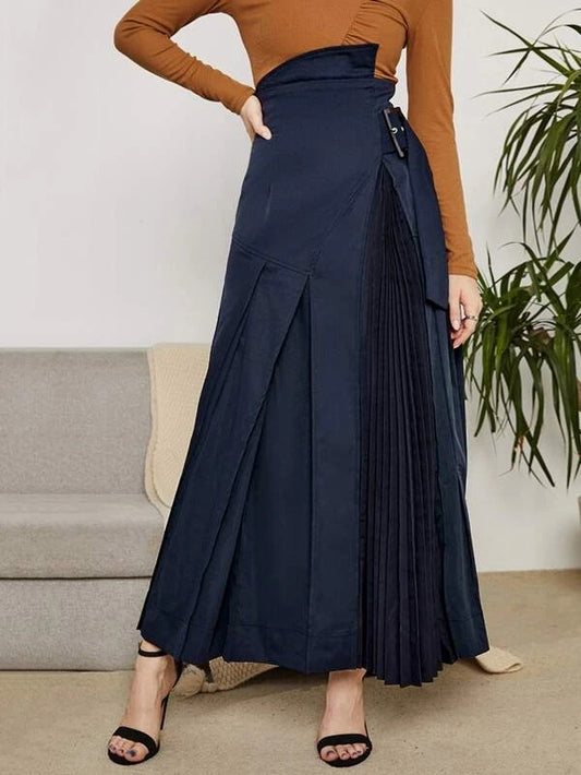 CM-BS222335 Women Elegant Seoul Style Buckle Strap High Waist Pleated Skirt - Navy Blue