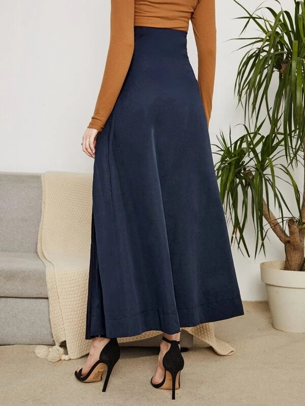 CM-BS222335 Women Elegant Seoul Style Buckle Strap High Waist Pleated Skirt - Navy Blue