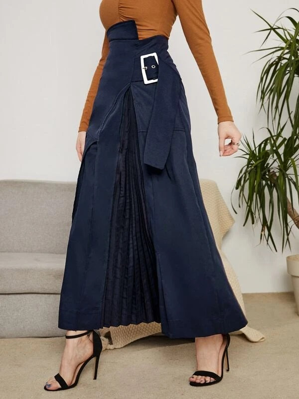 CM-BS222335 Women Elegant Seoul Style Buckle Strap High Waist Pleated Skirt - Navy Blue