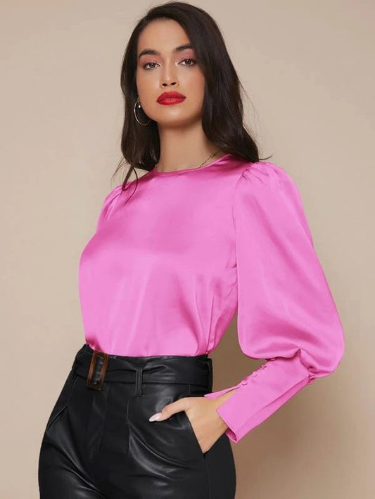 CM-TS844363 Women Elegant Seoul Style Buttoned Cuff Lantern Sleeve Satin Top - Hot Pink