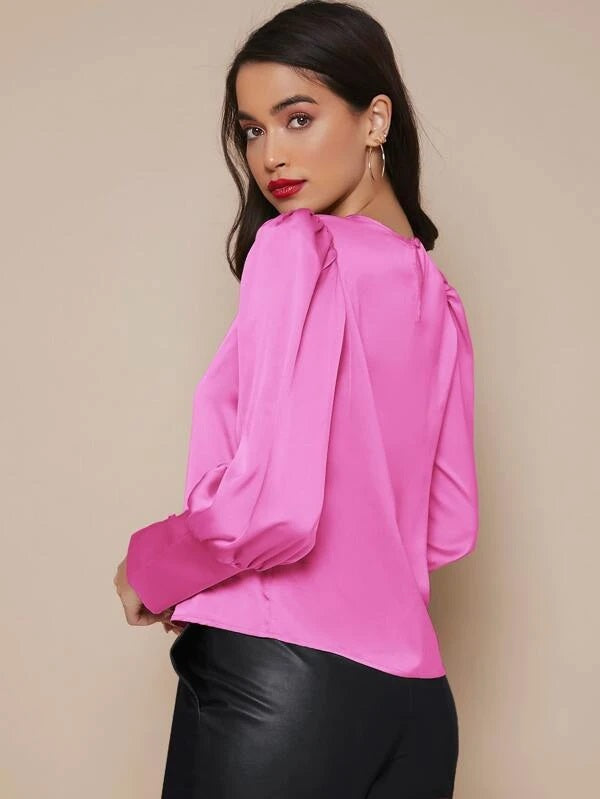 CM-TS844363 Women Elegant Seoul Style Buttoned Cuff Lantern Sleeve Satin Top - Hot Pink