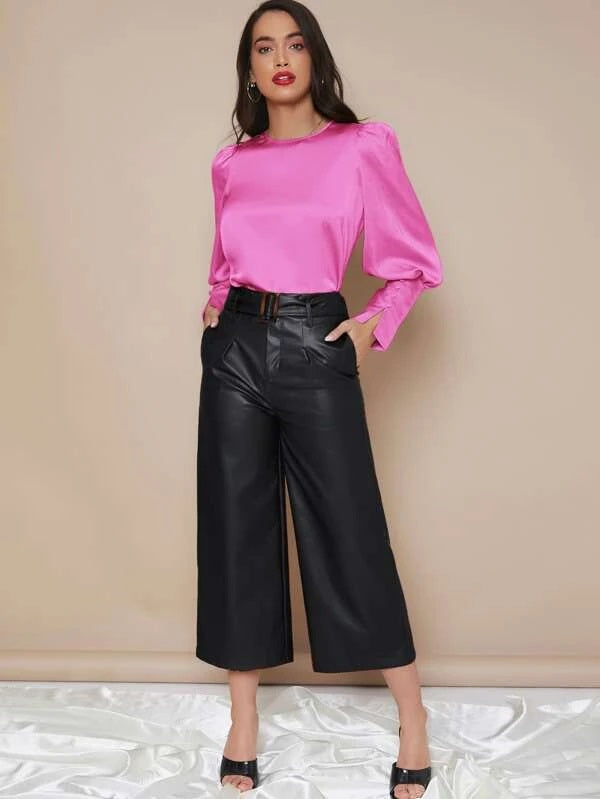 CM-TS844363 Women Elegant Seoul Style Buttoned Cuff Lantern Sleeve Satin Top - Hot Pink