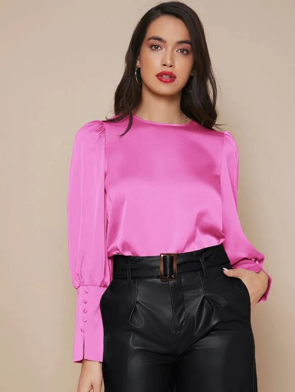 CM-TS844363 Women Elegant Seoul Style Buttoned Cuff Lantern Sleeve Satin Top - Hot Pink