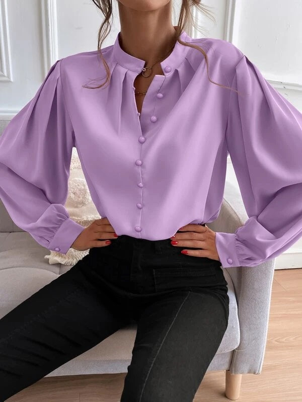 CM-TS666933 Women Elegant Seoul Style Stand Collar Bishop Sleeve Button Up Blouse - Purple