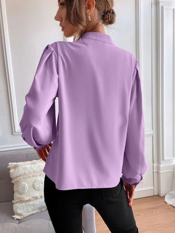CM-TS666933 Women Elegant Seoul Style Stand Collar Bishop Sleeve Button Up Blouse - Purple