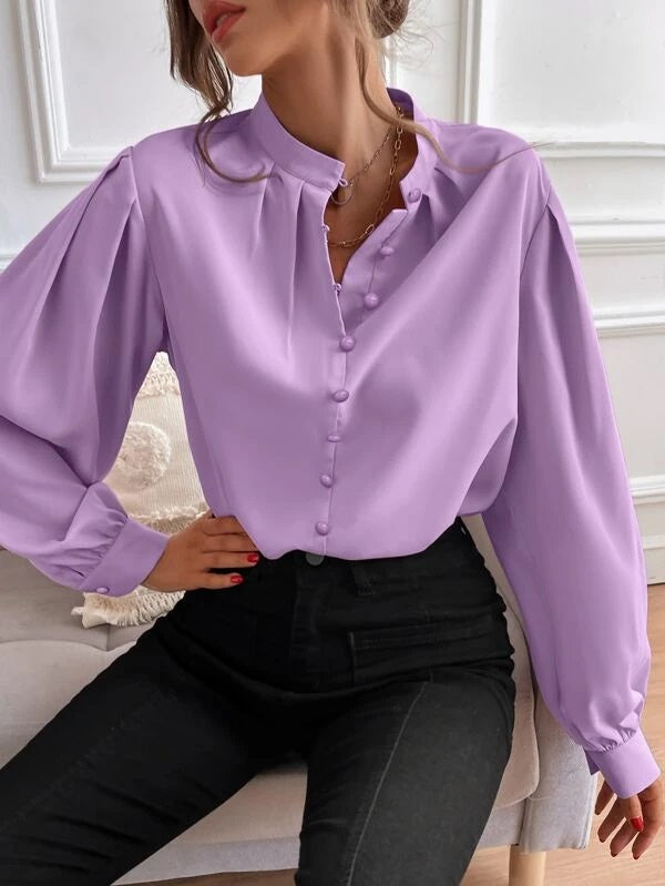 CM-TS666933 Women Elegant Seoul Style Stand Collar Bishop Sleeve Button Up Blouse - Purple