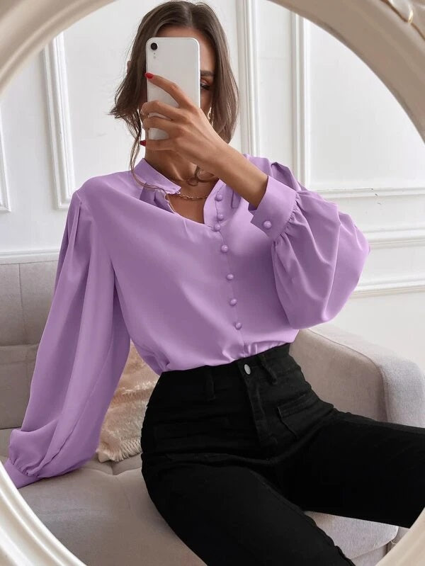 CM-TS666933 Women Elegant Seoul Style Stand Collar Bishop Sleeve Button Up Blouse - Purple