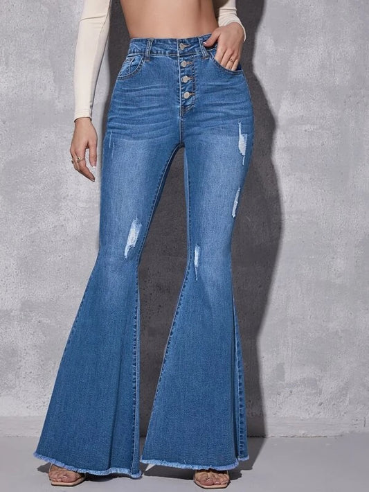 CM-BS936763 Women Casual Seoul Style High Waist Ripped Raw Hem Flare Jeans