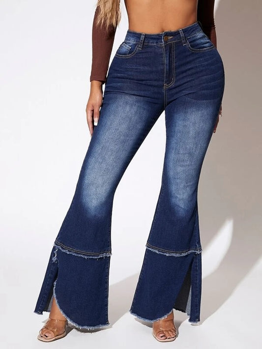 CM-BS317913 Women Casual Seoul Style High Waist Raw Hem Flare Leg Jeans