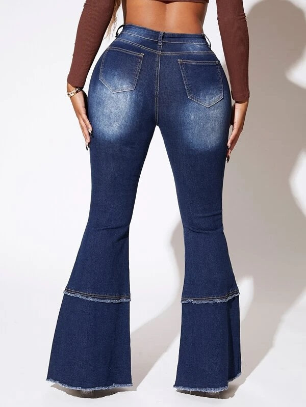 CM-BS317913 Women Casual Seoul Style High Waist Raw Hem Flare Leg Jeans