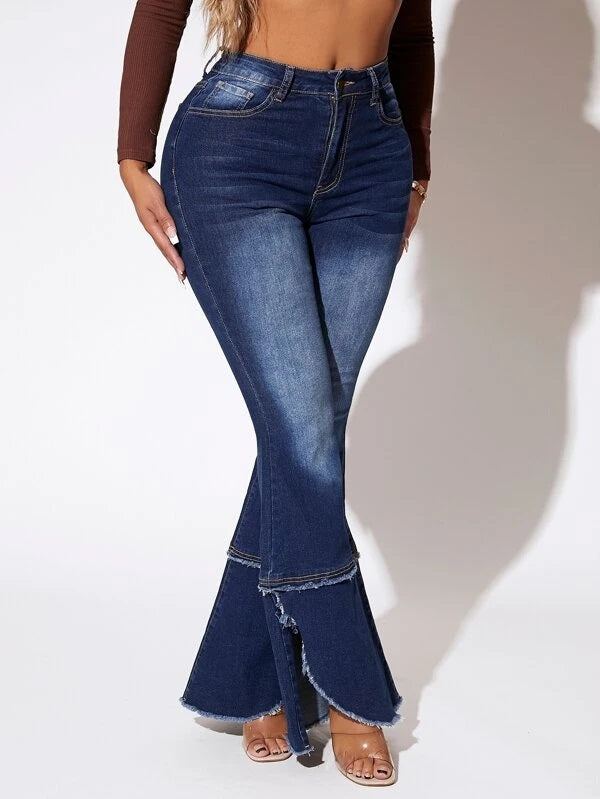 CM-BS317913 Women Casual Seoul Style High Waist Raw Hem Flare Leg Jeans