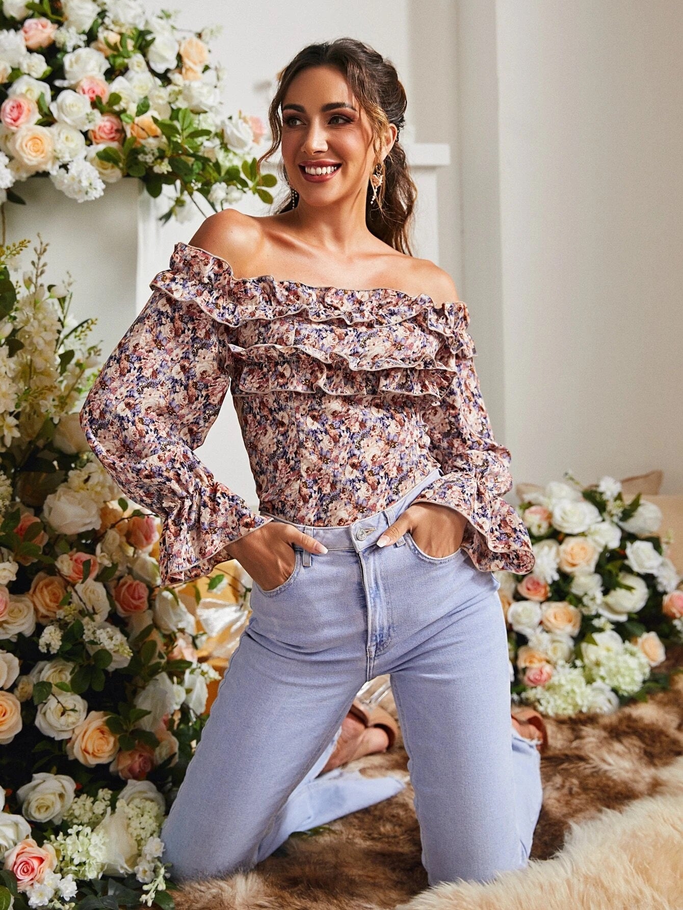 CM-TS019100 Women Trendy Bohemian Style Floral Print Off Shoulder Blouse