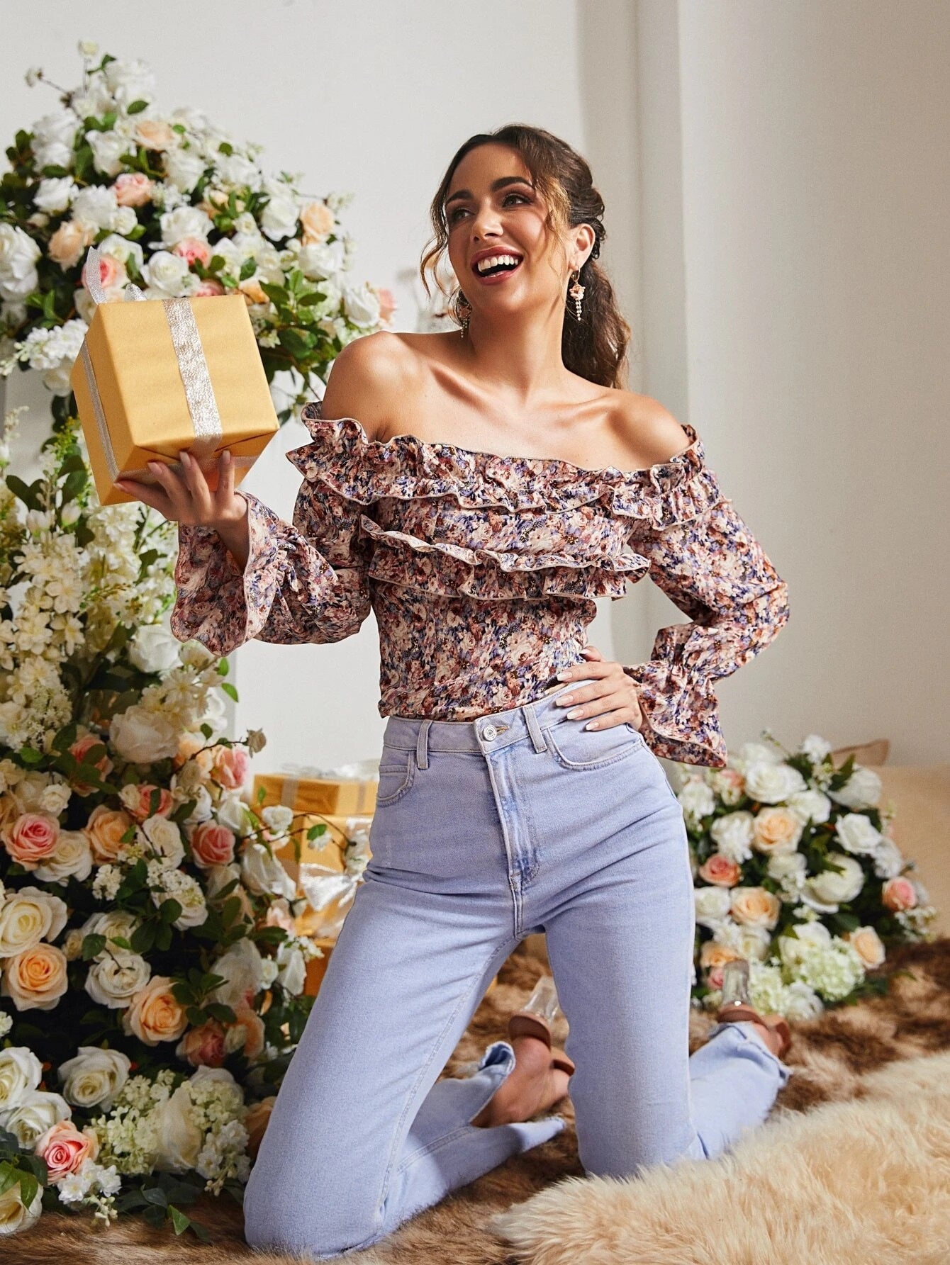 CM-TS019100 Women Trendy Bohemian Style Floral Print Off Shoulder Blouse