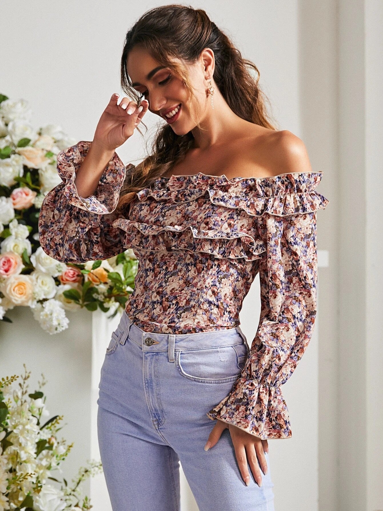 CM-TS019100 Women Trendy Bohemian Style Floral Print Off Shoulder Blouse
