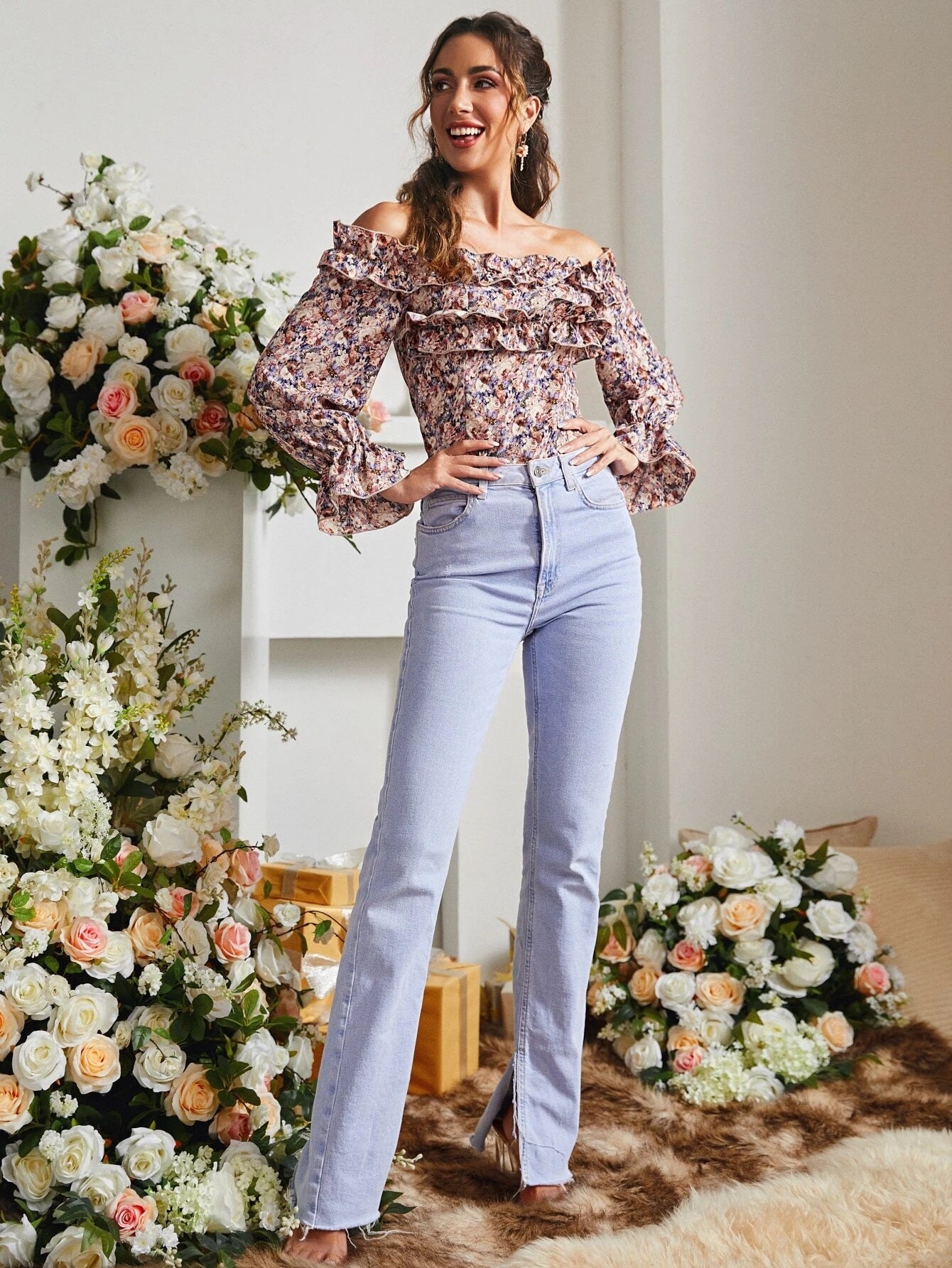 CM-TS019100 Women Trendy Bohemian Style Floral Print Off Shoulder Blouse