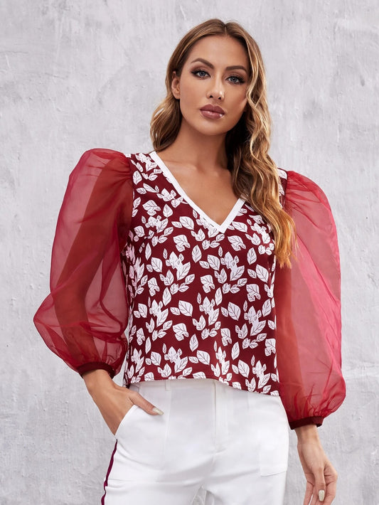 CM-TS188050 Women Elegant Seoul Style Floral Leaves Print Lantern Sleeve Blouse