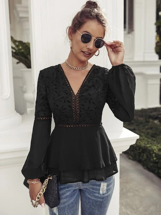 CM-TS297574 Women Casual Seoul Style Plant Embroidery Lantern Sleeve Peplum Blouse
