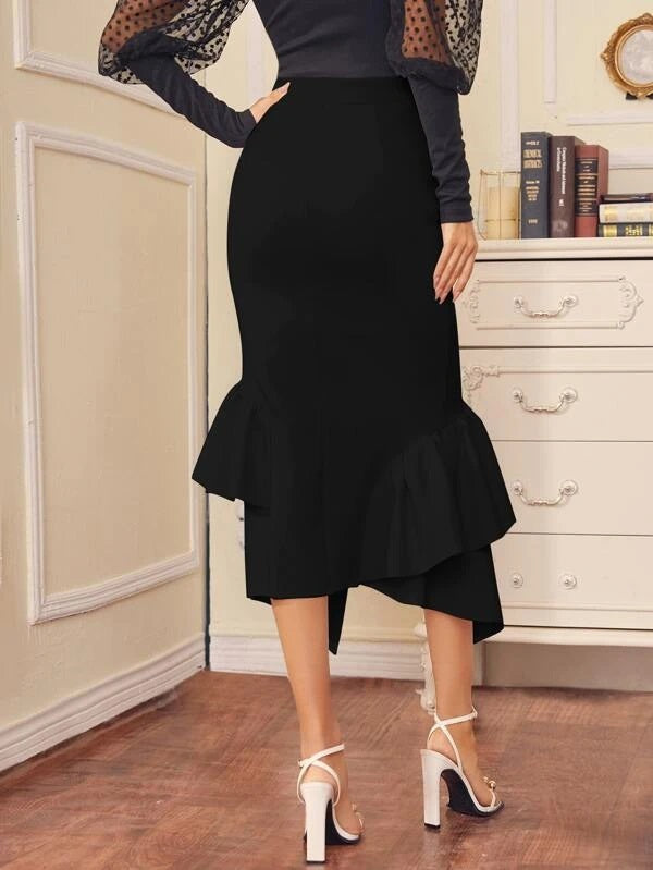 CM-BS788366 Women Casual Seoul Style Ruffle Asymmetrical Hem Skirt - Black