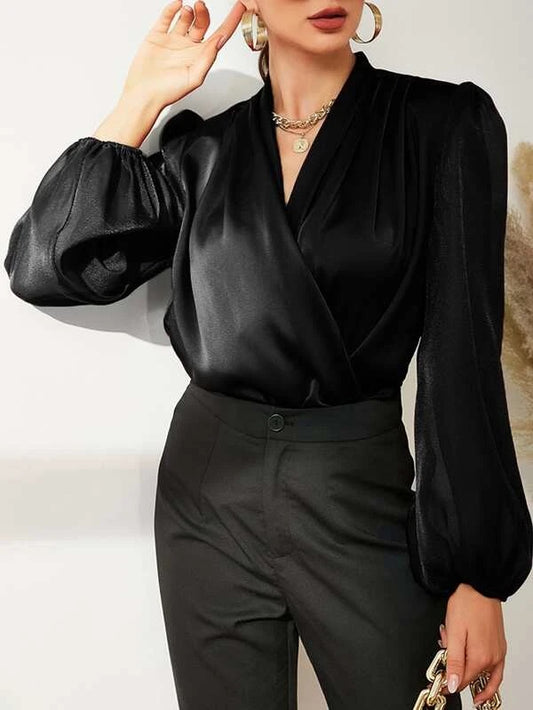 CM-TS338383 Women Elegant Seoul Style Fold Pleated Lantern Sleeve Satin Blouse - Black
