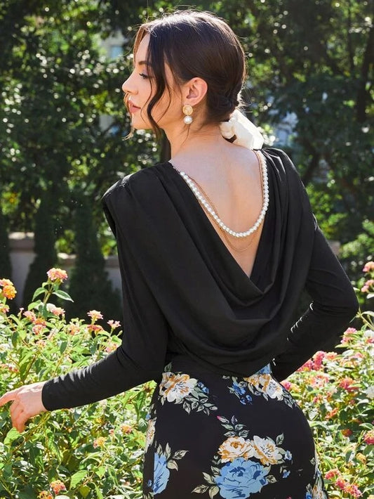 CM-TS682626 Women Elegant Seoul Style Shoulder Pad Draped Back Top - Black
