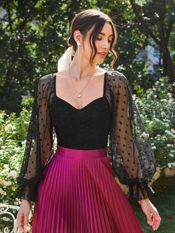 CM-TS615174 Women Elegant Seoul Style Ruffle Cuff Polka Dot Mesh Overlay Bodysuit - Black