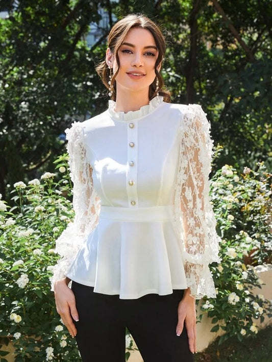 CM-TS703361 Women Trendy Bohemian Style Floral Applique Ruffle Hem Frill Trim Top - White