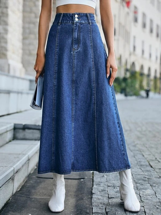 CM-BS019303 Women Casual Seoul Style Dark Wash High Waist Washed Denim Skirt