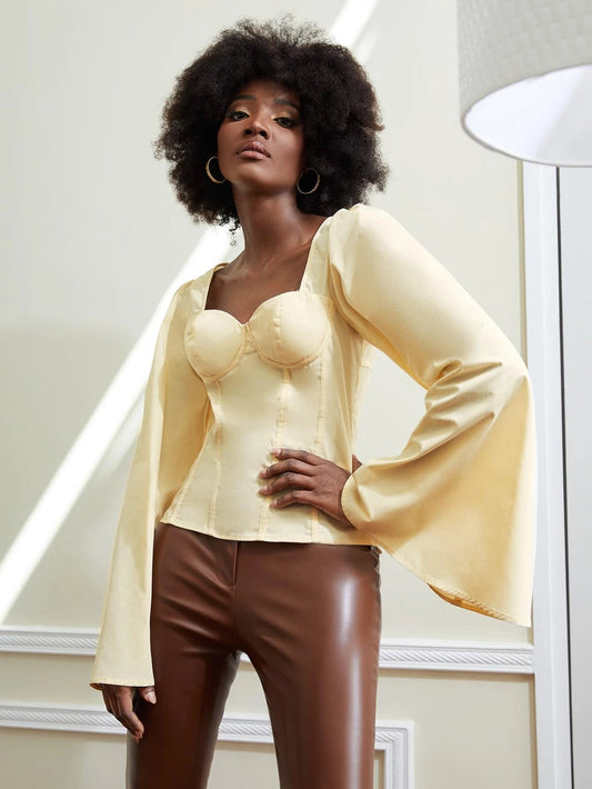 CM-TS188722 Women Elegant Seoul Style Bell Sleeve Lace Up Back Top - Yellow