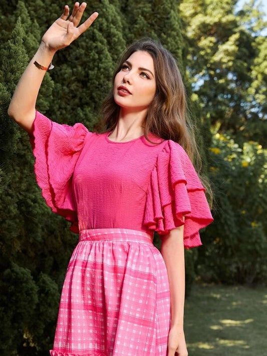 CM-TS909175 Women Trendy Bohemian Style Textured Butterfly Sleeve Blouse - Hot Pink