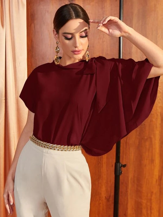 CM-TS518277 Women Elegant Seoul Style Knot Shoulder Asymmetrical Batwing Sleeve Top
