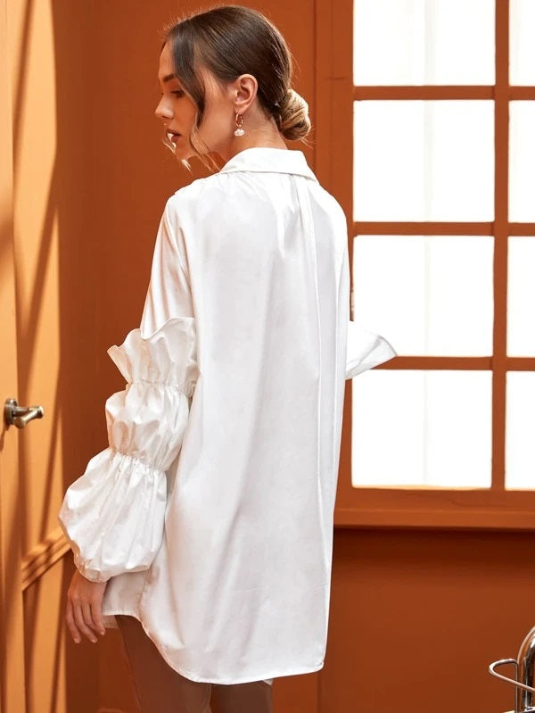 CM-TS833961 Women Elegant Seoul Style Gathered Sleeve Ruffle Trim Blouse - White