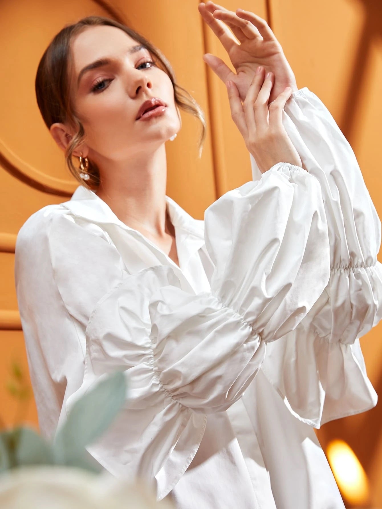 CM-TS833961 Women Elegant Seoul Style Gathered Sleeve Ruffle Trim Blouse - White