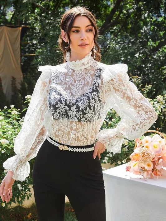CM-TS882821 Women Trendy Bohemian Style Floral Embroidery Ruffle Trim Mesh Top - White