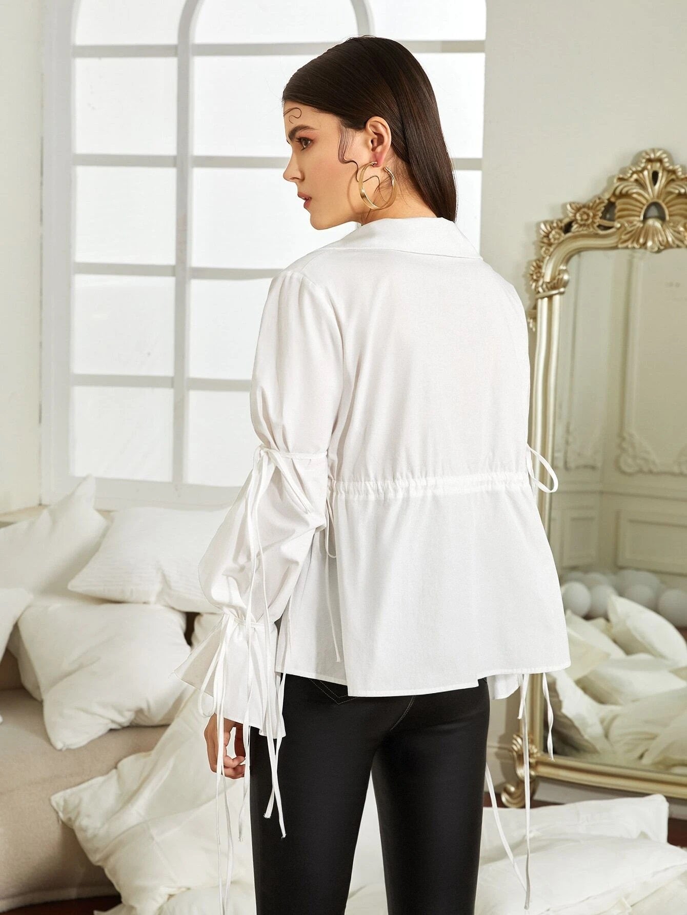 CM-TS081736 Women Elegant Seoul Style V-Neck Gathered Sleeve Peplum Top - White