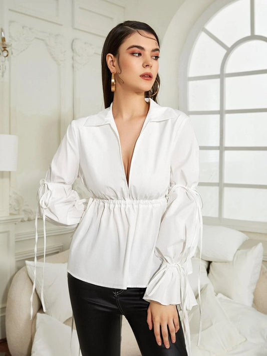 CM-TS081736 Women Elegant Seoul Style V-Neck Gathered Sleeve Peplum Top - White