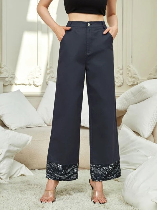 CM-BS414174 Women Elegant Seoul Style Graphic Paneled Wide Leg Pants - Navy Blue