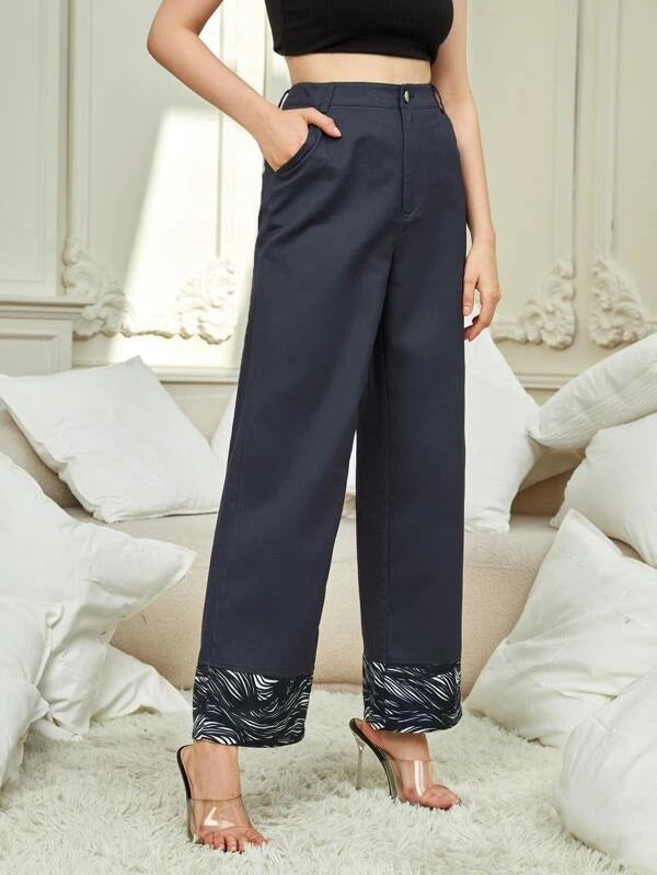 CM-BS414174 Women Elegant Seoul Style Graphic Paneled Wide Leg Pants - Navy Blue