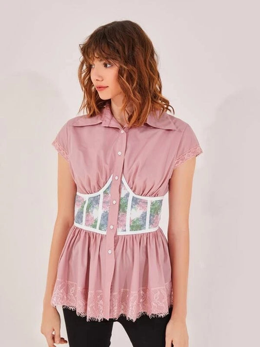 CM-TS659767 Women Elegant Seoul Style Lace Trim Floral Print Waist Blouse - Dusty Pink