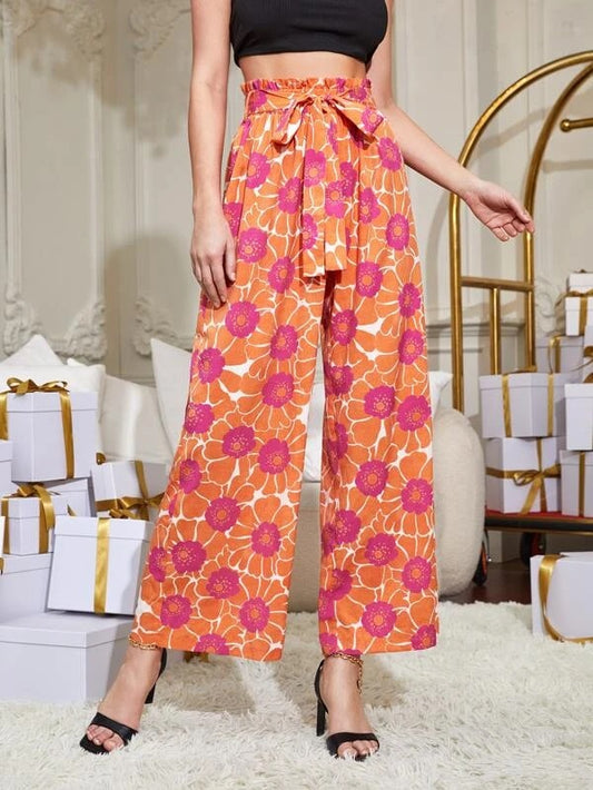 CM-BS622710 Women Trendy Bohemian Style Floral Print Paperbag Waist Belted Palazzo Pants