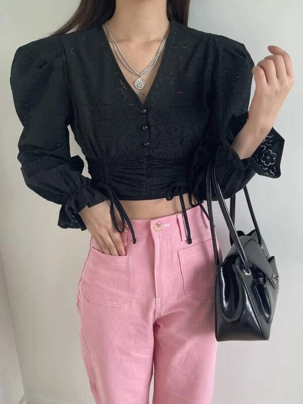 CM-TS877588 Women Casual Seoul Style Flounce Sleeve Drawstring Front Lace Blouse