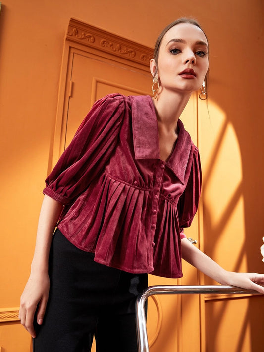 CM-TS292160 Women Elegant Seoul Style Solid Button Front Ruffle Hem Velvet Top