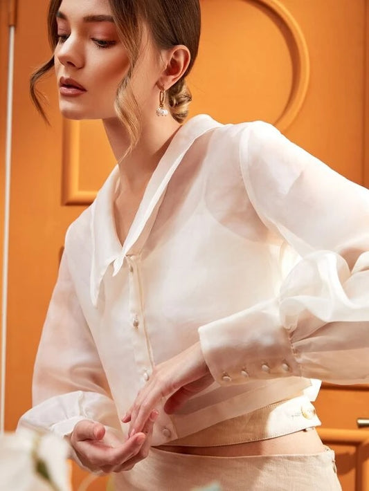 CM-TS414398 Women Elegant Seoul Style Solid Button Up Blouse With Cami Top - Beige