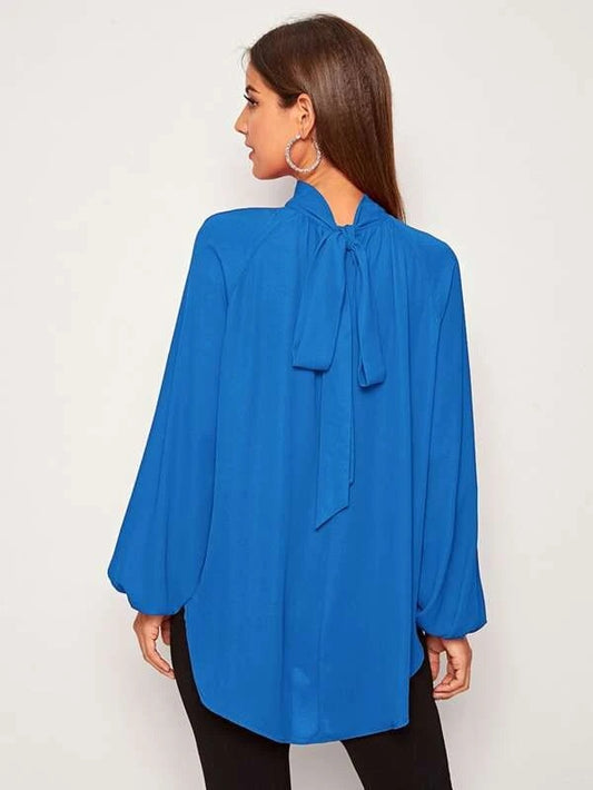 CM-TS051671 Women Casual Seoul Style Tie Back Raglan Sleeve Dip Hem Top - Blue