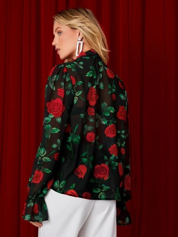 CM-TS644631 Women Elegant Seoul Style Floral Print Tie Neck Flounce Sleeve Chiffon Top